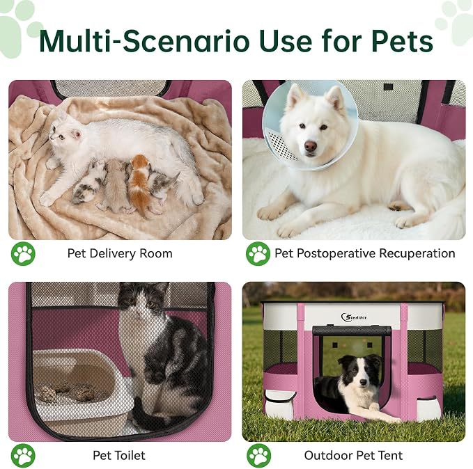 Siedihit 35" Dog Playpen,Cat Puppy Pen, Pet Portable Crate Indoor Outdoor | Durable Travel Camping Use,Foldable Dog Kennel Tent Cage for Rabbit Small Animals with Carrying Case(Pink, Large)