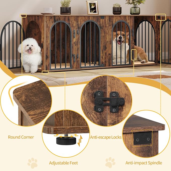 Hzuaneri 63" Double Dog Crate Furniture, Dog Kennel Indoor with Cushion | Heavy Duty Dog Crate Furniture for 2 Dogs,Dog Cage End Table TV Stand with Divider for Med-Large Dogs,Rustic Brown DFC80901B