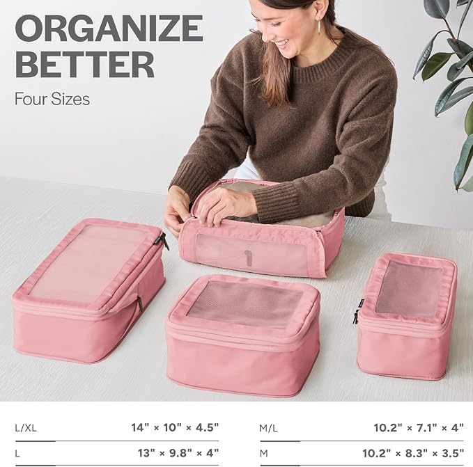 Compression Packing Cubes for Travel, 4-Pack, Pink | Solves overpacking, 4-Piece set fits most carry-ons, 50% Space savings, Compression luggage organizer bags