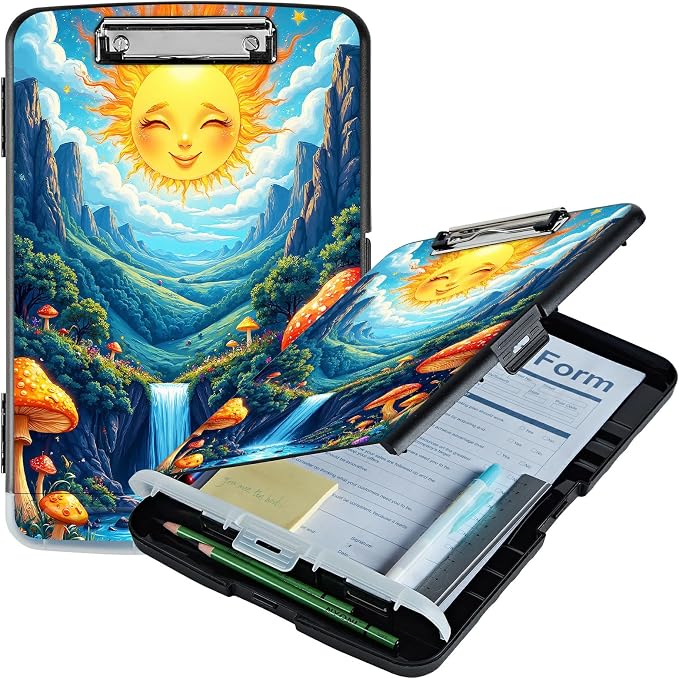 A4 Clipboard with Storage Pen Holder, Clipboards Organizer Nursing Clipboard Foldable File Folder Plastic Clipboard Folio Clip Board for Office Work Classroom Doctor, Stream Sun Mushroom