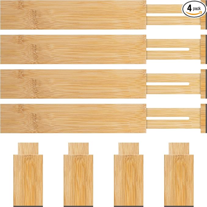 4 Pack Bamboo Drawer Dividers Organizer with Inserts 2.6'' High | Expandable from 12.5-21.7", Adjustable Drawer Organizer Separators for Utensils, Clothing, Office, Dresser, Bedroom, (Beige)