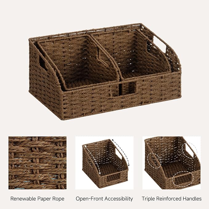 StorageWorks Pantry Storage Baskets, Shelf Baskets, Brown Baskets, 3-Pack | Paper Rope Pantry Baskets, Wicker Baskets with Handles, Handwoven Shelf Baskets for Organizing, Pantry Organizers and Storage