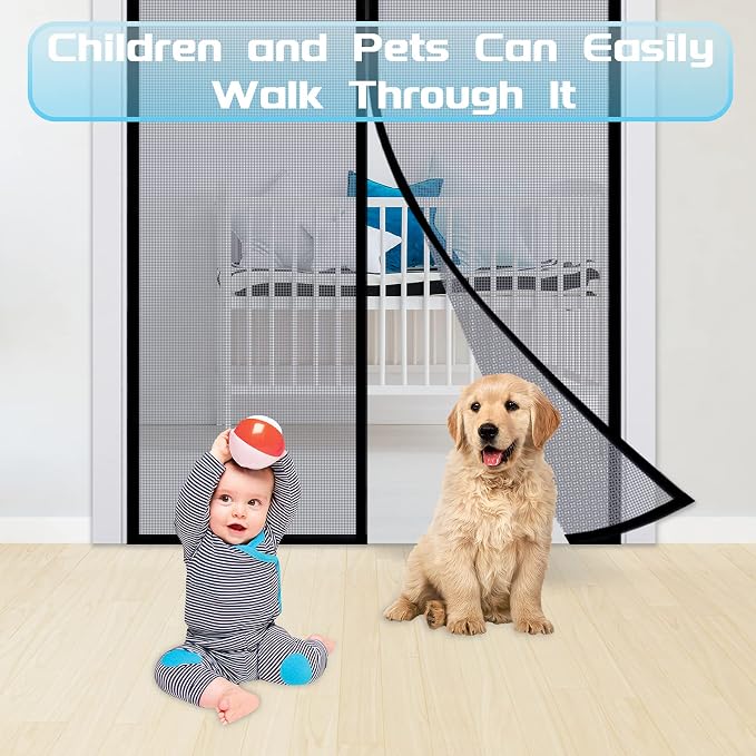 TheFitLife Fibreglass Magnetic Screen Door, Heavy Duty Mesh Curtain | 36"x83" - Fits Doors up to 34"x82" Max, Gray, with Full Frame Hook & Loop Powerful Magnets, Pet & Kid Friendly, Hands Free