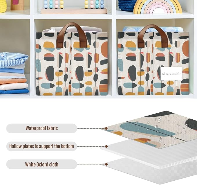 Geometric Mid Century Modern Storage Bins for Shelves with Labels&Handles Fabric Organizer Bin Foldable Rectangle Storage Basket Boxes for Closet, Bathroom, Home, Living Room, 2 Pack