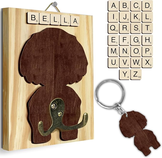 Shih Tzu Dog Leash Holder Wall Mount with Scrabble Letters, Wooden Dog Wall Hook Organizer, Pet Collar and Harness Holder Entryway, Key Hook & Leash Rack, Home Decor for Pet Lovers PF297-66