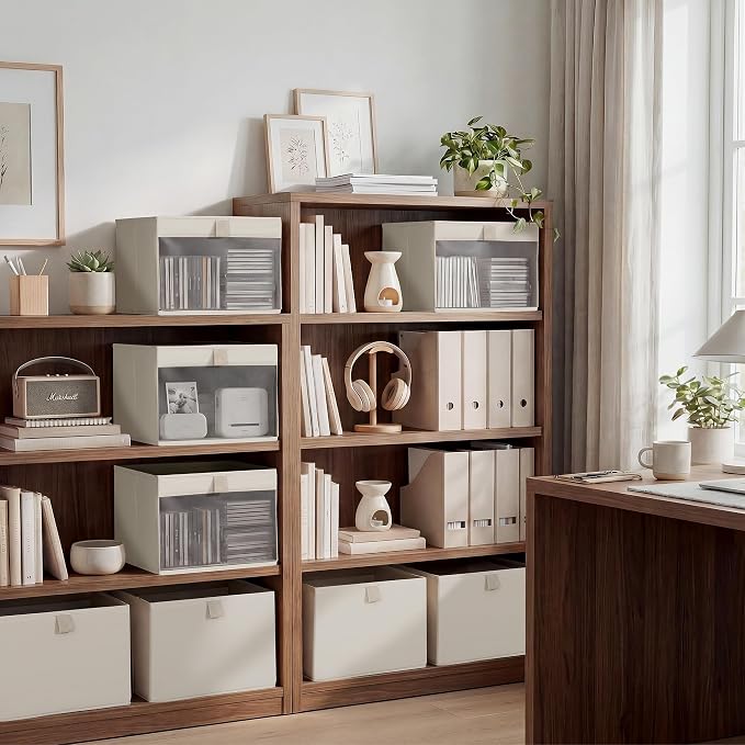 StorageWorks Fabric Storage Bins, Shelf Baskets, Collapsible, Beige, 3-Pack | Wrinkle-Resistant Cottlyn Fabric, Mesh Front Window, Soft Leather Handles, Flip to Show/Hide, Holds Clothes, Towels, Blankets
