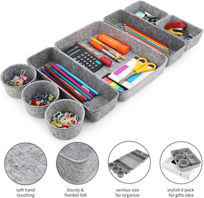 Welaxy 8-piece desk drawer organizer trays felt shallow bin Gray Minimalist