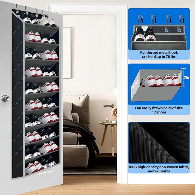 10 Tiers Shoe Organizer for Closet, 20 to 30 Pairs Shoe Rack Door | Extra Deep Pockets Over the Door Shoe Organizer for Dorm and Back Door, Heavy Duty Anti-Scrath Hanging Hooks Shoe Storage