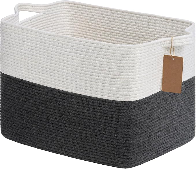 Goodpick 50L Large Woven Rope Storage Basket, Rectangle, Dark Gray | 18" × 14" × 12" Decorative Gift Basket for Living Room & Nursery Organization, Fits Blanket & Toy Storage, Writable Label
