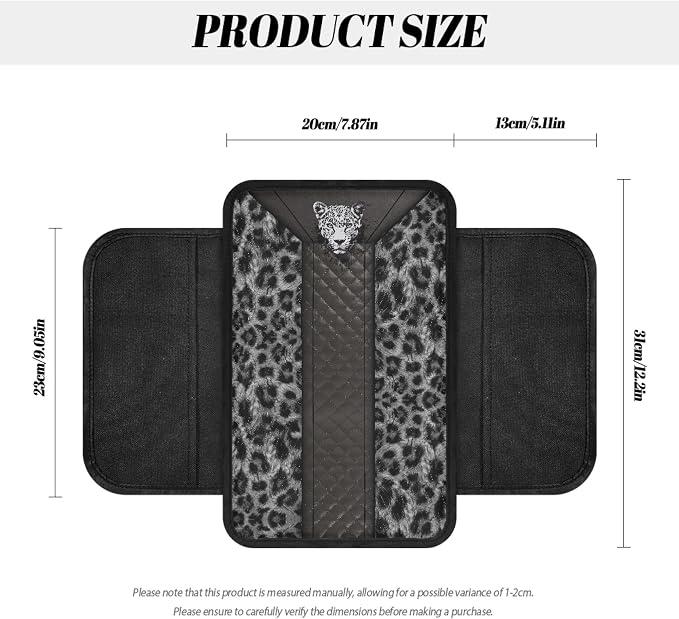 Howilath Car Armrest Cushion Cover Universal Fit for Most Vehicles | Grey Leopard Center Console Cushion Pad with 2 Storage Pockets, Machine Washable, Easy to Install