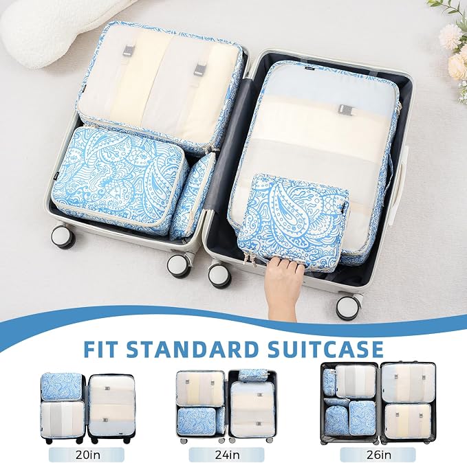 BAGAIL 8 Set Packing Cubes Luggage Packing Organizers for Travel Accessories-Blue paisley