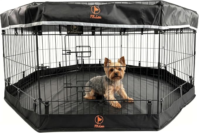 PJYuCien Puppy Playpen with Top Cover & Bottom Pad, 8 Panels 24" H, Black | 24"W, Small Pet Safe Sanctuary, Foldable Octagonal Pen, Versatile, Indoor & Outdoor, Backyard Pasture, Protects Floors