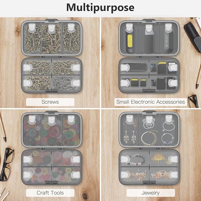 FYY Travel Pill Organizer, Large Weekly Medicine Pill Organizer-Black | Airtight Moistureproof Medicine Case, Easy to Use, 8 Compartment Pill Box for Vitamins, Fish Oil, Supplements,Mini First Aid
