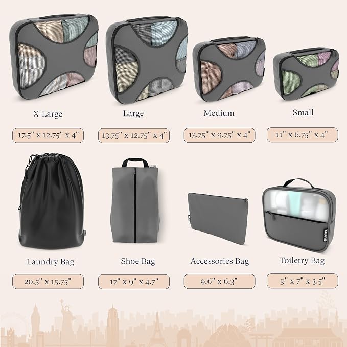 Shacke 8 Set Packing Cubes for Travel, Shoe & Toiletry Bags (Dark Grey) | Complete Suitcase Organizer Bags Set: 4 Luggage Packing Cubes + Laundry, Shoe, Toiletry & Accessories Bags for Any Trip