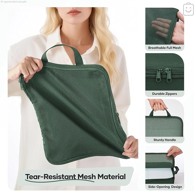Veken 11 Set Compression Packing Cubes Garment Bags for Travel Essentials,Compressible Expandable Luggage Organizer Bags for Clothing,Space Saver Bags with Over 1000 pcs of Mesh Holes(Dark Green)