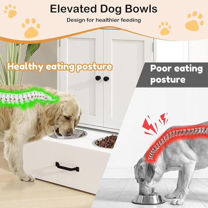 Dog Feeding Station Food Storage with 2 Elevated Stainless Bowls White Wood | Pet Organizer Cabinet With Adjustable Shelf Sliding Drawer Hidden Feeder ,Toy Organization Container for Cats & Dogs