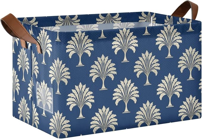 Navy Blue Bg Vintage Exotic Tree Storage Basket Foldable Cube Storage Bins with Handles&Label Waterproof Collapsible Organizer Box Bin Large Rectangle Decorative Baskets for Shelves Home Room Laundry