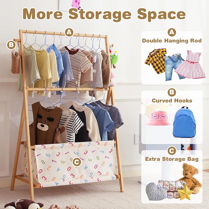 Baveke Kids Clothing Rrack- Kids Dress Up Rack for Little Girls, FSC-Certified Bamboo Kids Clothes Rack, Toddler Dress Up Storage Rack & Folding Costume Rack, Double Rods, Pets Clothes Rack, Number