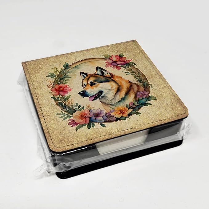 Caroline's Treasures Akita and Flowers PU Leather Note Paper Holder with Artist-Designed Cover, Desk Accessory, Office Gift
