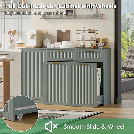 Double 13 Gallon Pull Out Trash Can Cabinet with Storage Cabinet,Green | Pet Proof Hidden Garbage Can Cabinet,3-Tier Shelves,Fluted Design,Extra Drawer Space,Kitchen & Dining Room Organization