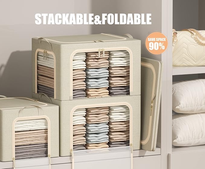 3 Openings Large Clothes Storage Bins with Metal Frame, Foldable Storage Bin for Clothes,Clothing Storage Bins with Lid, Linen Storage Box With Clear Window＆ Zippers＆ Durable Handles.(3 Pcs,Beige,66L)