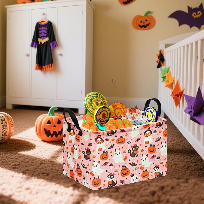 Pink Halloween Storage Basket for Girls, Pumpkin Ghost Bat Spider Design