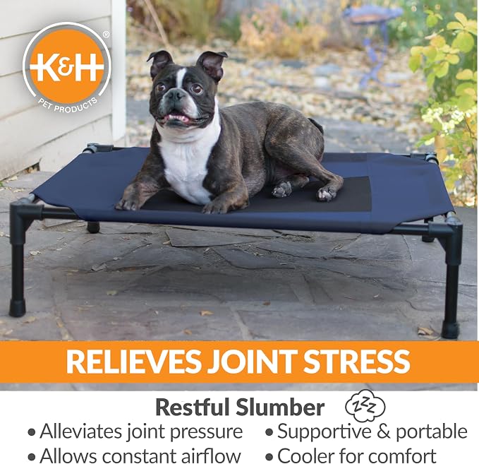 K&H Outdoor Elevated Dog Bed, Cooling Raised Dog Bed, Blue, Medium 32x25in | Pet Cot for Medium & Large Pets, Breathable Mesh Center Hammock Design, Indoor/Outdoor Washable Cover, 32x25in