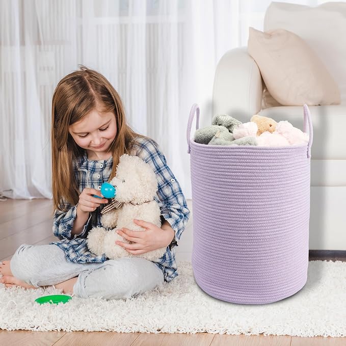 Woven Cotton Rope Laundry Basket, 15" x 20" Laundry Hamper, Purple | Rope storage basket for dirty clothes, toys and blankets. Perfect for bathroom, baby nursery and living room storage.
