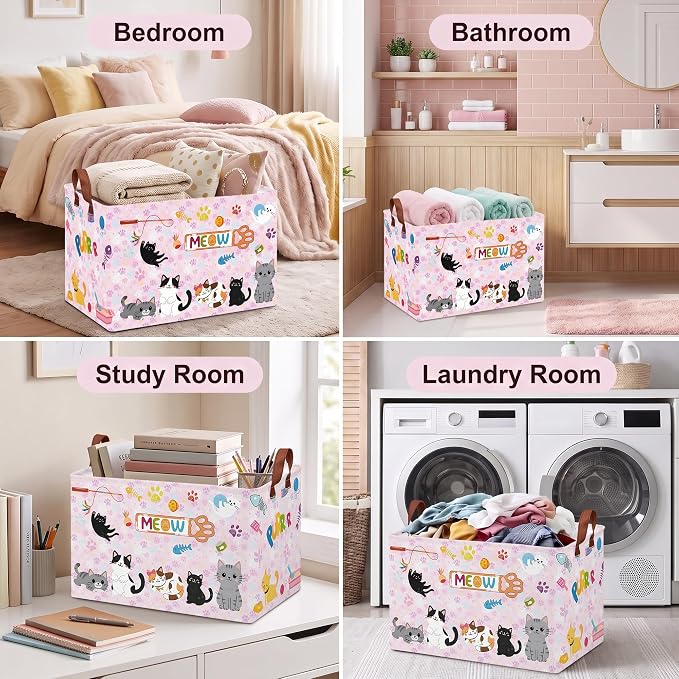 Cat Paw Toy Storage Basket,Square Toy Bin,Storage Bin for Pet Room Decor | Collapsible Nursery Storage Bin with Sturdy Handles for Clothes, Toys, Pillows, Living Room Bedroom Bathroom