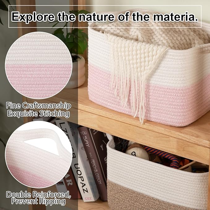 OIAHOMY Woven Storage Basket for Shelves, Rectangle Cotton Rope Baskets for Organizing, 13 x 10 x 9 in, Storage Bins for Dog Toys,Towel,Books,Gift,Pink and White