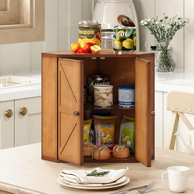 Trironsun Corner Bread Box for Kitchen Counter Double Layer Bamboo Bread Storage Container Large Capacity Bread Storage Bin Farmhouse Breadbox Organizer (Antique Brown)