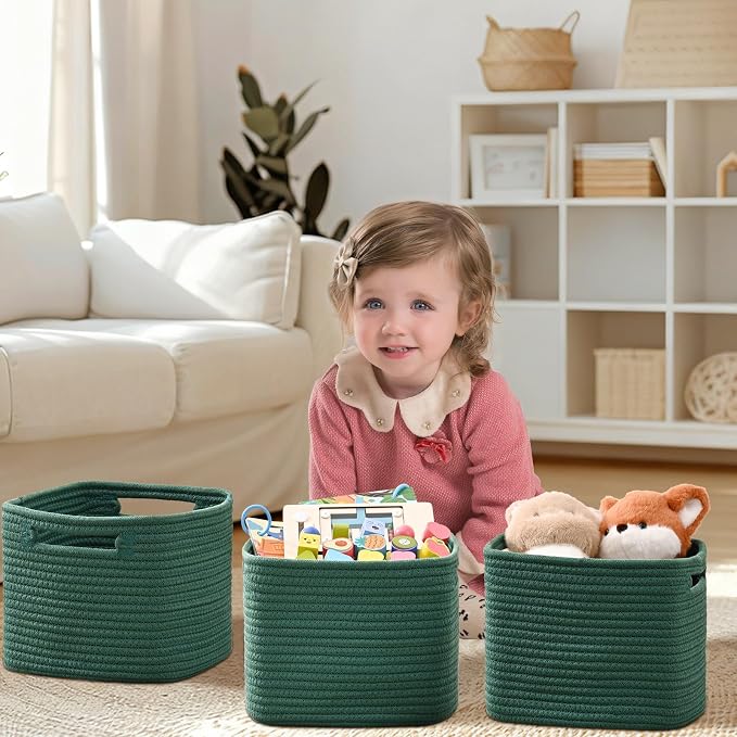 3 Pack Cube Storage Bin, 9”x9”x7” Cotton Rope Woven Baskets for Organizing Toys Clothes Towels, Square Gift Storage Baskets for Shelves, Nursery, Closet, Bathroom, Pantry (Green)