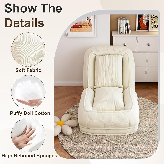 Human Dog Bed for Adults and Pets, Upholstered Foldable Lazy Sofa Bed with 5 Adjustable Positions, Corduroy Floor Sofa Bed with 2 Pillows, Convertible Recliner for Living Room, Reading Corner