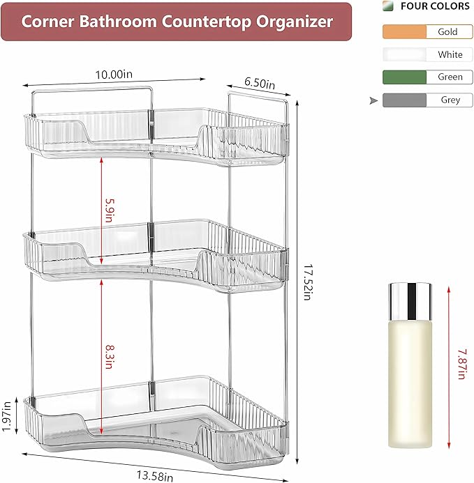 3 Tier Corner Bathroom Counter Organizer Countertop Shelf Makeup Organizer for Vanity Perfume Tray for Corner Storage (Grey)