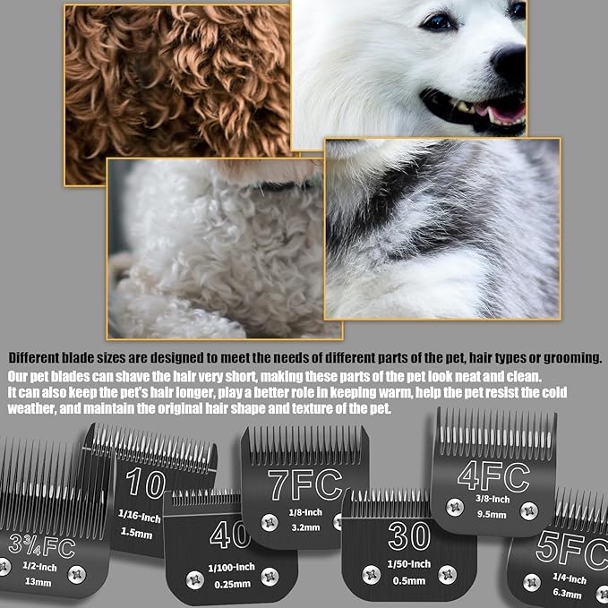 7-Pack Removable Dog Grooming Steel Blades, Compatible with Andis, Oster A5, Wahl KM-10 Series, Cutting Length 1/100" to 1/2" (10+30+40+7FC+5FC+4FC+3-3/4FC-Black)