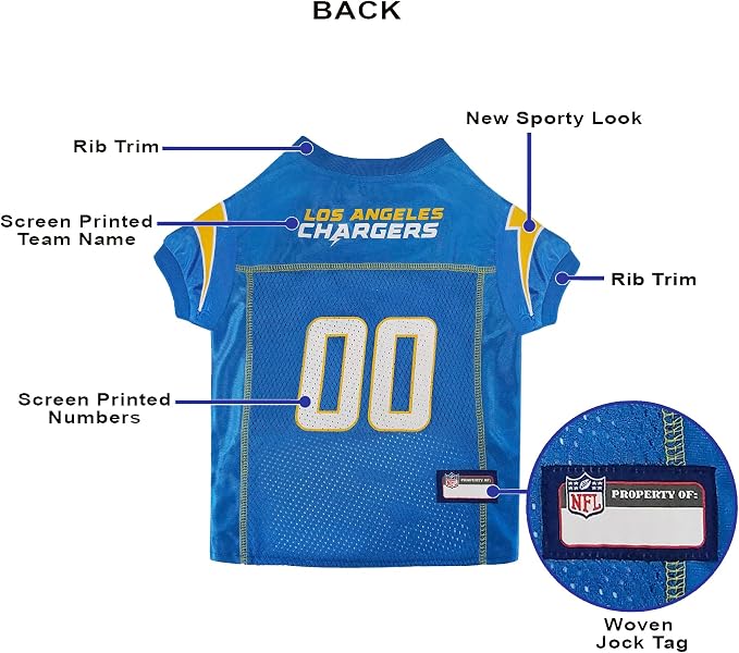 Pets First NFL Los Angeles Chargers Dog Jersey, Size Medium, Football Shirt Costume for Pet, Dog Sports T-Shirt, NFL Team Clothing for Cats, Licensed Pet Apparel Available in 7 Sizes and 32 Teams