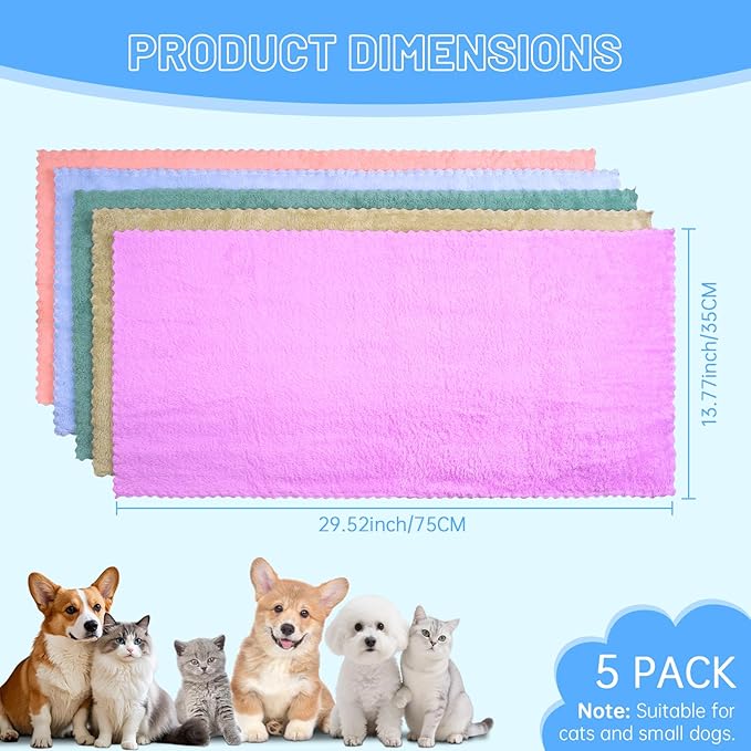 DuckSky 5Pcs Cat Towels Microfiber Pack Bulk, 29.5 x 13.77 inch Quick Drying Absorbent Pet Puppy Towels for Pet Kitten Grooming，Hair Drying Small Puppy Dog，Bathing Shower for pet Hair Dryer Box