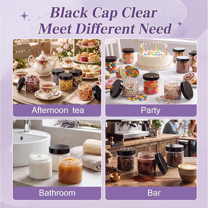Patelai 60 Pcs Plastic Containers with Lids, Round Leakproof Cosmetic Containers, Multipurpose Storage Jars for Makeup, Lotion, Ointment, Rhinestone Samples, Dry Food and Toiletries (Black,4 oz)