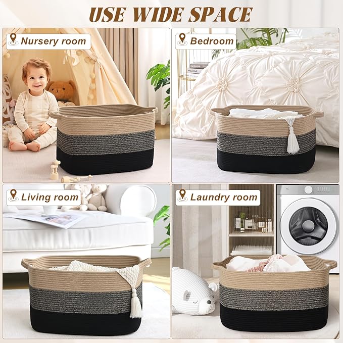 Large Blanket Basket, 100L Storage Baskets for Organizing, Woven Laundry Basket for Blankets, Cotton rope Blanket Storage for Living Room, Nursery Room, 24.8"L x 15.74"W x 15.74"H, Brown & Black