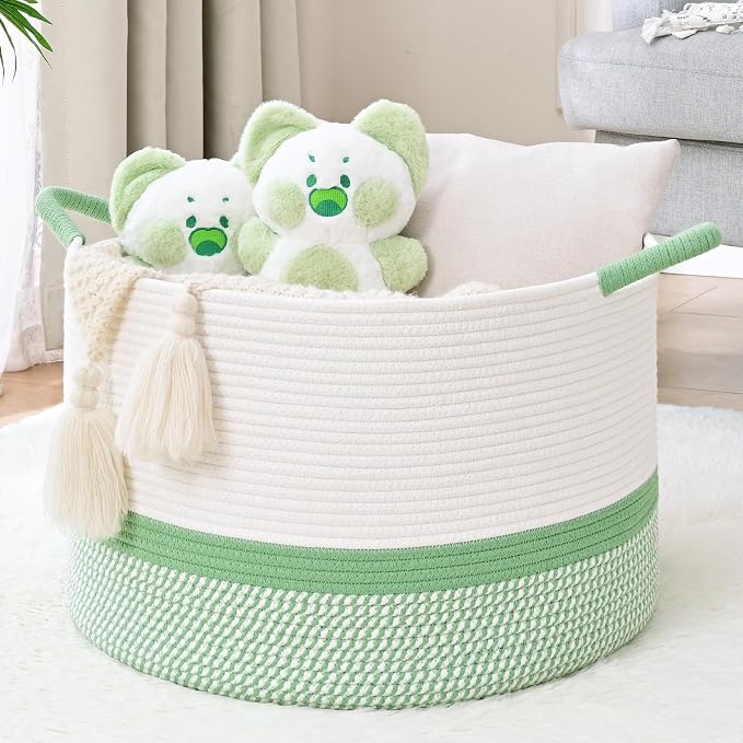 67L Large Blanket Basket, 20"x13" Blanket Basket Living Room, Woven Baskets With Handle, Toy Baskets for Blankets, Nursery, Dog, Pillow, Gift (White & Green)