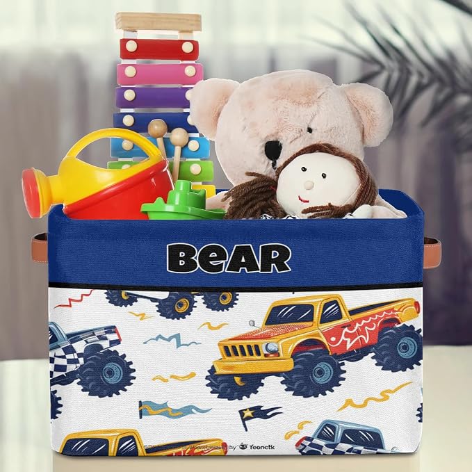 Personalized Storage Bins for Boys, Customized Name Storage Basket Rectangle Clothes Organizer for Organizing Kids and Pets Toys Shelf Closet, Cartoon Tractors Pattern