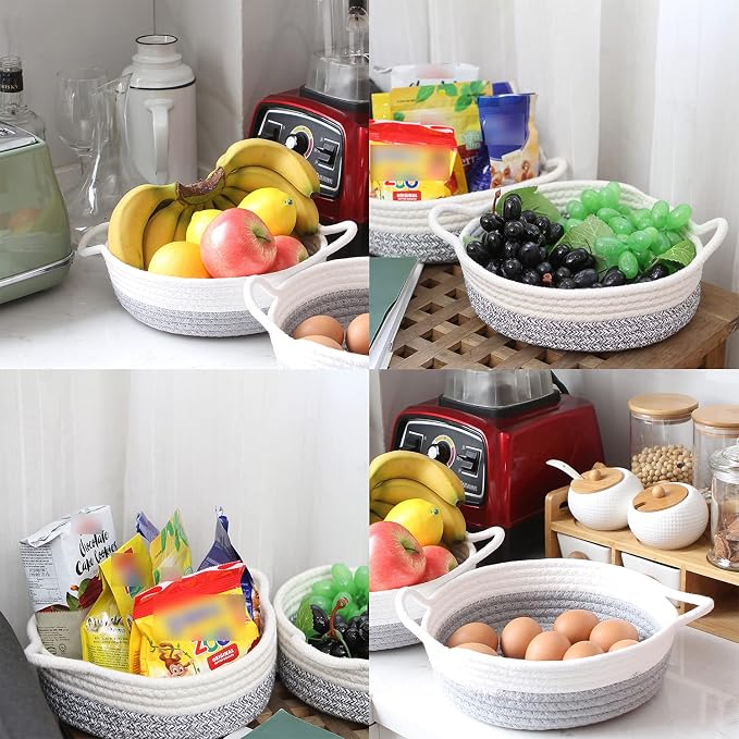 Sea Team 2-Pack Compact Woven Cotton Rope Storage Baskets, Gray | Knitted Decorative Organizer Bins with Handles, Portable Round Containers for Small Items, Keys, Makeup, Jewelry, Trinkets