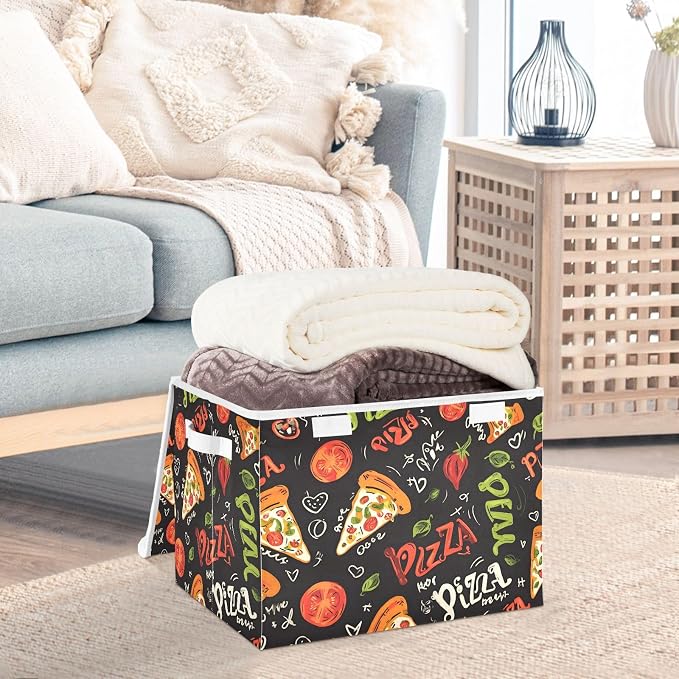 Pizza Fabric Storage Bins with Lid Large Organizer Containers 40L Baskets | Decorative Storage Boxes, Dust-Proof Flip Top, Reinforced Handles, For Home & Bedroom, Clothes & Toy Box, Oxford Fabric Print