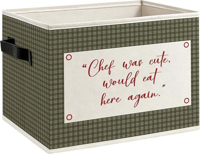 Chef Was Cute Would Eat Here Again Kitchen Foldable Storage Bins Box with Handles, Chef Gifts for Women Men, Olive Green Gingham Decorative Storage Boxes Baskets Organizer for Restaurant