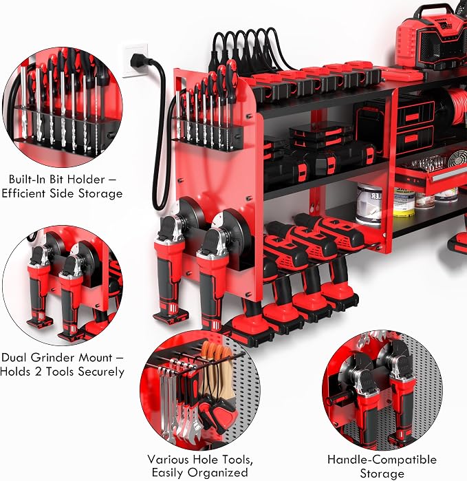 KSVO Large Power Tool Organizer Wall Mount with Locking Drawers, Red | Grinder Holder, Hammer & Pliers Rack, 6-Outlet Charging Shelf, Heavy-Duty Metal Storage for Garage & Workshop