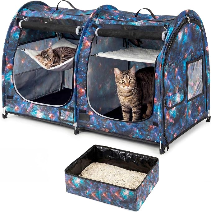 Mispace Portable Twin Compartment Show House Cat Cage/Condo - Easy to Fold & Carry Kennel - Comfy Puppy Home & Dog Travel Crate with Portable Carry Bag/Two Hammocks/Mats and Collapsible Litter Box