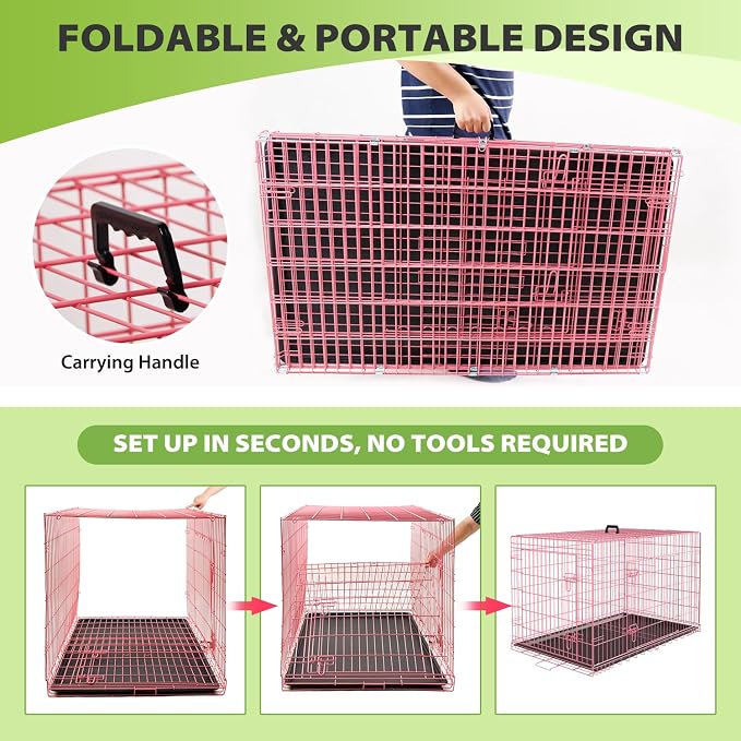 BestPet | Dog Crate | 42" | Pink | Foldable Metal Kennel with Double Doors | Secure Slide-Bolt Latches, Leakproof Tray | Portable Dog Cage for Large Breeds | for Travel, Indoor & Outdoor Use