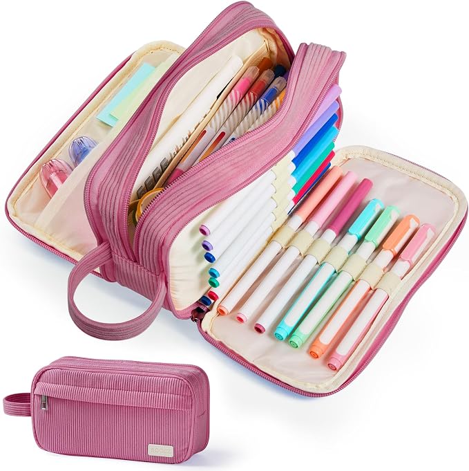 Sooez High Capacity Pencil Case, Soft Corduroy Pencil Pouch | Large Pencil Bag with 4 Compartments, Sturdy Zipper, Cute Case Pouch Organizer for Student Teen Girls, Dark Pink