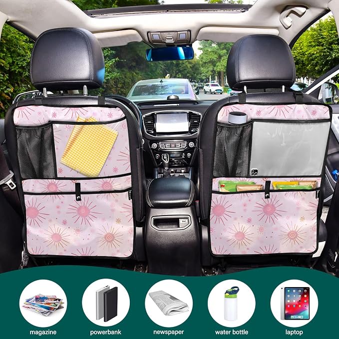 JIPONI Car Backseat Organizer, Pink Suns Automotive Back Seat Protector, Kick Mats with Storage Pockets for Kids Pets, Road Trip Accessories