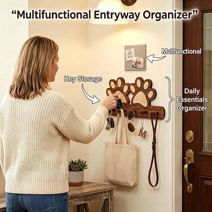 Farmhouse Dog Leash Holder for wall, Dog Accessory Organizer with Floating Shelf & 6 Hooks, Multi-Purpose Key Holder for Rustic Entryway Home Decor